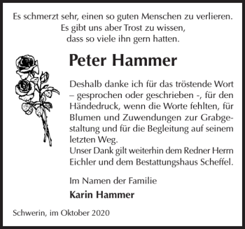 Traueranzeige von Peter Hammer von Zeitung für die Landeshauptstadt