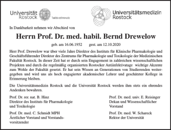 Traueranzeige von Prof. Dr. med. habil. Bernd Drewelow  von Norddeutsche Neueste Nachrichten