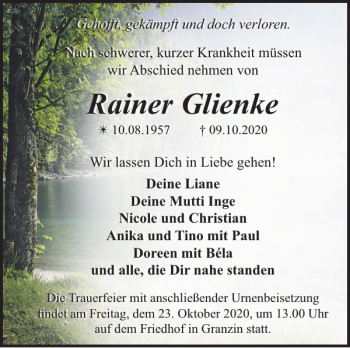 Traueranzeige von Rainer Glienke von Zeitung für Lübz - Goldberg - Plau