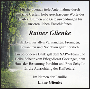 Traueranzeige von Rainer Glienke von Zeitung für Lübz - Goldberg - Plau