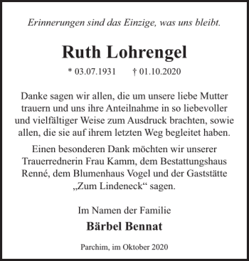 Traueranzeige von Ruth Lohrengel von Zeitung für Lübz - Goldberg - Plau