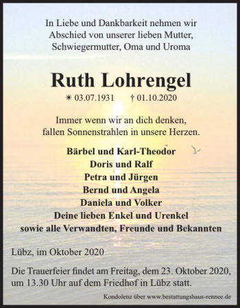 Traueranzeige von Ruth Lohrengel von Zeitung für Lübz - Goldberg - Plau