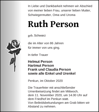 Traueranzeige von Ruth Person von Pasewalker Zeitung