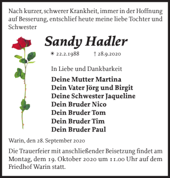 Traueranzeige von Sandy Hadler von Anzeiger für Sternberg - Brüel - Warin