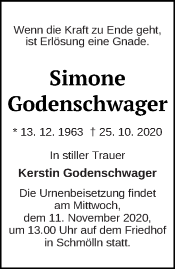 Traueranzeige von Simone Godenschwager von Prenzlauer Zeitung