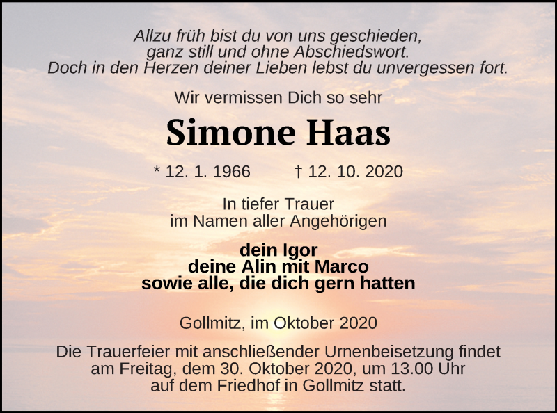  Traueranzeige für Simone Haas vom 17.10.2020 aus Prenzlauer Zeitung