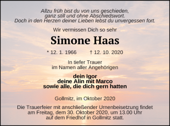 Traueranzeige von Simone Haas von Prenzlauer Zeitung