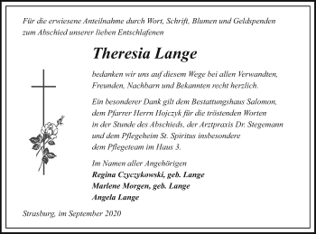 Traueranzeige von Theresia Lange von Pasewalker Zeitung