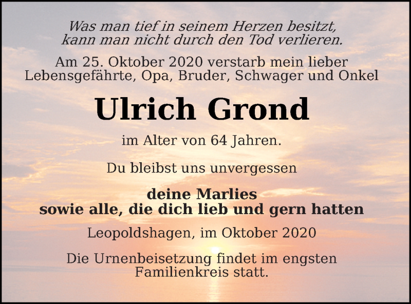  Traueranzeige für Ulrich Grond vom 30.10.2020 aus Haff-Zeitung