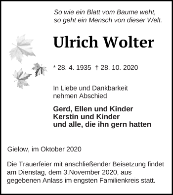 Traueranzeige von Ulrich Wolter von Mecklenburger Schweiz