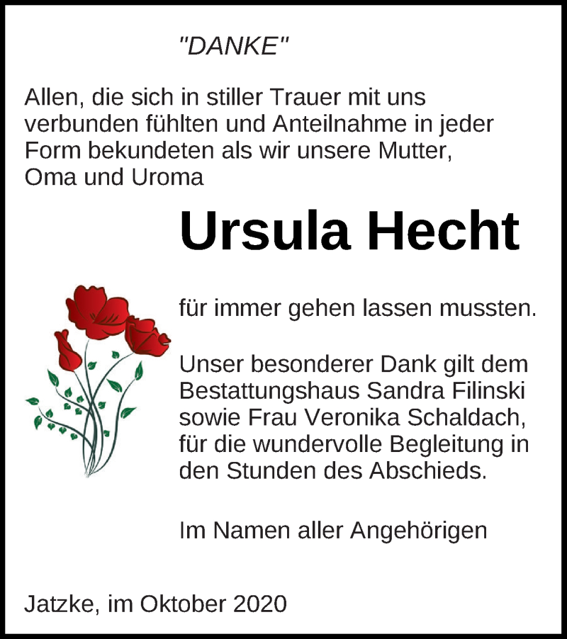  Traueranzeige für Ursula Hecht vom 17.10.2020 aus Neubrandenburger Zeitung