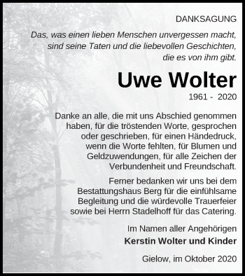 Traueranzeige von Uwe Wolter von Mecklenburger Schweiz