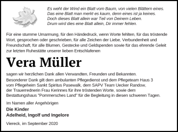 Traueranzeige von Vera Müller von Pasewalker Zeitung