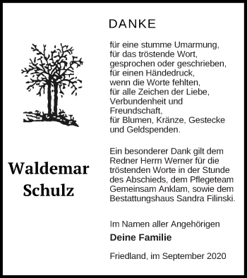 Traueranzeige von Waldemar Schulz von Vorpommern Kurier