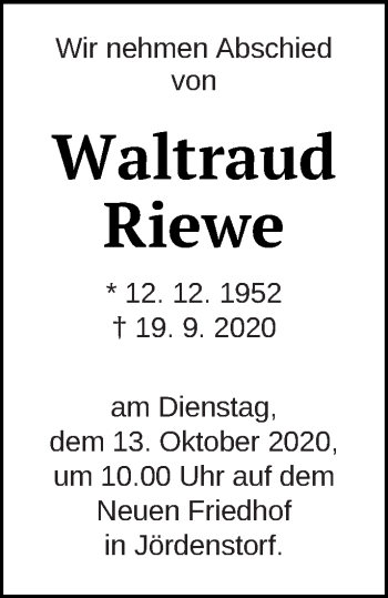 Traueranzeige von Waltraud Riewe von Mecklenburger Schweiz