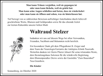 Traueranzeige von Waltraud Stelzer von Pasewalker Zeitung