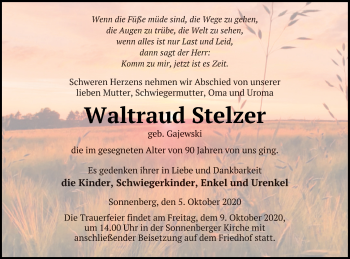 Traueranzeige von Waltraud Stelzer von Pasewalker Zeitung