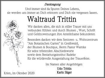 Traueranzeige von Waltraud Trittin von Vorpommern Kurier