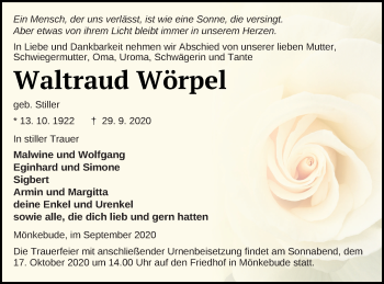 Traueranzeige von Waltraud Wörpel von Haff-Zeitung