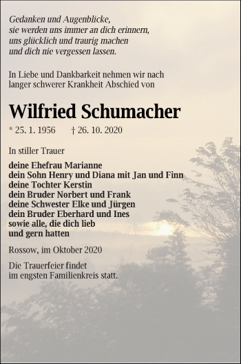 Traueranzeige von Wilfried Schumacher von Vorpommern Kurier