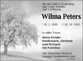 Traueranzeige von Wilma Peters von Pasewalker Zeitung