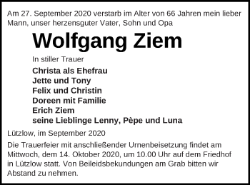 Traueranzeige von Wolfgang Ziem von Prenzlauer Zeitung