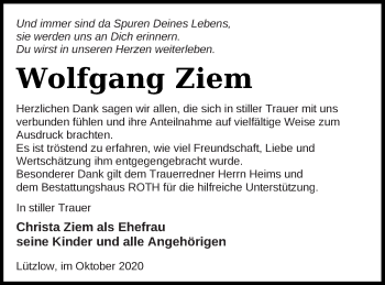 Traueranzeige von Wolfgang Ziem von Prenzlauer Zeitung