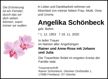 Traueranzeige von Angelika Schönbeck von Neubrandenburger Zeitung