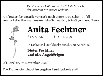 Traueranzeige von Anita Fechtner von Strelitzer Zeitung