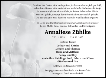 Traueranzeige von Annaliese Zühlke von Neubrandenburger Zeitung