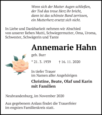 Traueranzeige von Annemarie Hahn von Neubrandenburger Zeitung