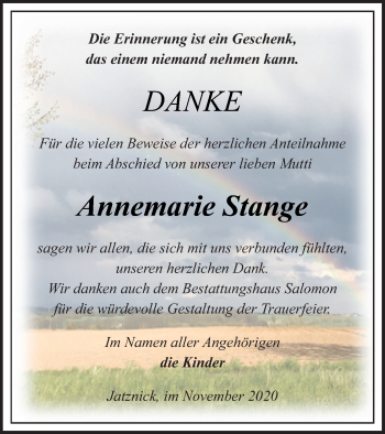 Traueranzeige von Annemarie Stange von Pasewalker Zeitung