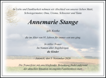 Traueranzeige von Annemarie Stange von Pasewalker Zeitung