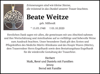 Traueranzeige von Beate Weitze von Müritz-Zeitung