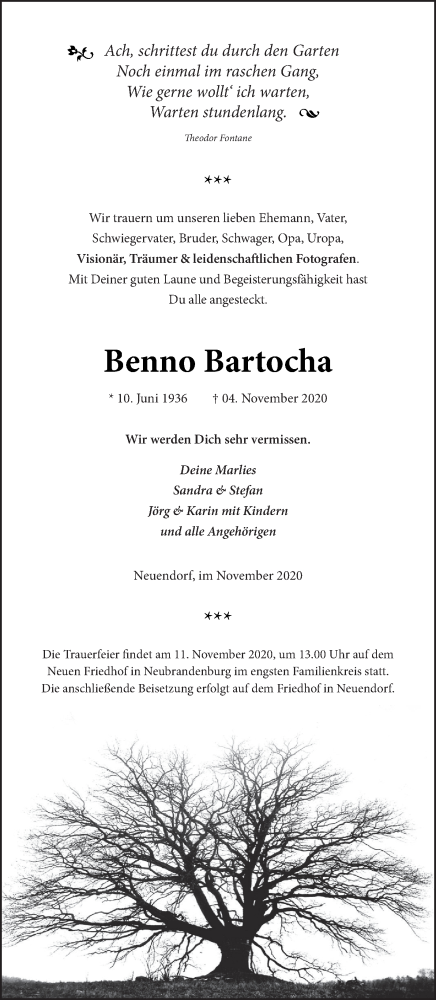  Traueranzeige für Benno Bartocha vom 07.11.2020 aus Neubrandenburger Zeitung