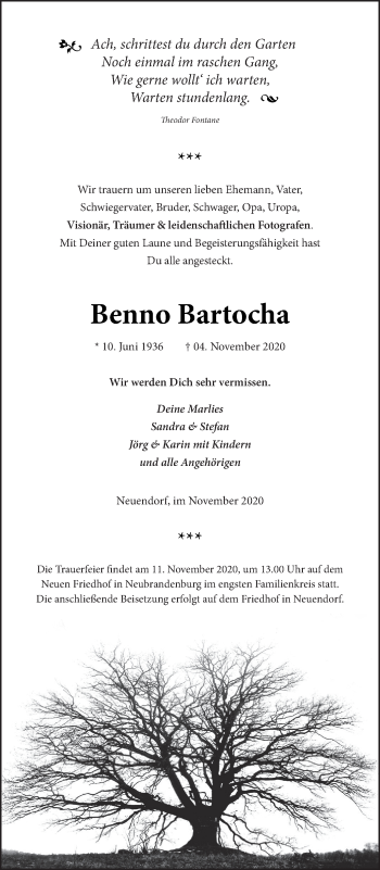 Traueranzeige von Benno Bartocha von Neubrandenburger Zeitung