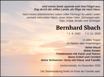 Traueranzeige von Bernhard Sbach von Haff-Zeitung
