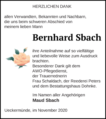 Traueranzeige von Bernhard Sbach von Haff-Zeitung