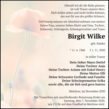 Traueranzeige von Birgit Wilke von Prenzlauer Zeitung