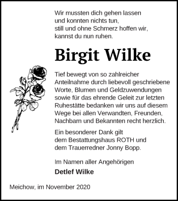 Traueranzeige von Birgit Wilke von Prenzlauer Zeitung