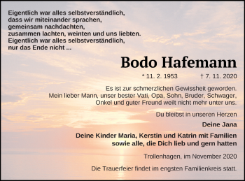 Traueranzeige von Bodo Hafemann von Neubrandenburger Zeitung