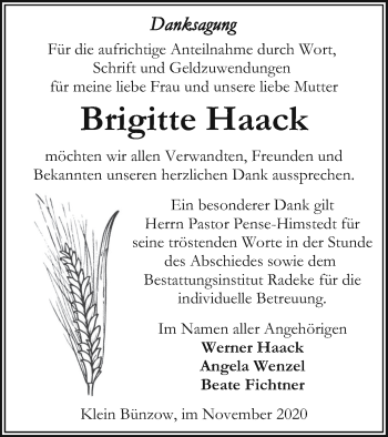 Traueranzeige von Brigitte Haack von Vorpommern Kurier