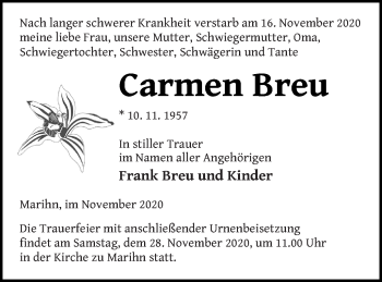 Traueranzeige von Carmen Breu von Müritz-Zeitung