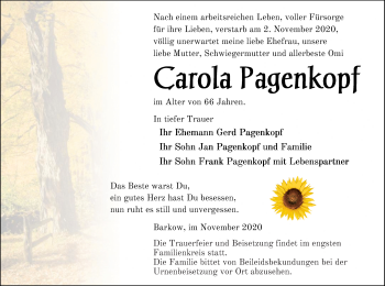 Traueranzeige von Carola Pagenkopf von Neubrandenburger Zeitung