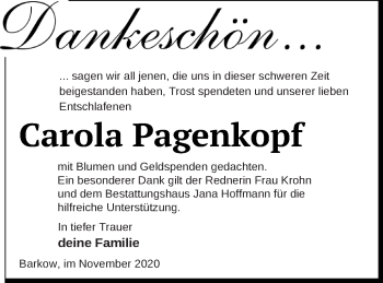 Traueranzeige von Carola Pagenkopf von Neubrandenburger Zeitung