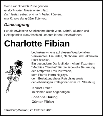 Traueranzeige von Charlotte Fibian von Pasewalker Zeitung