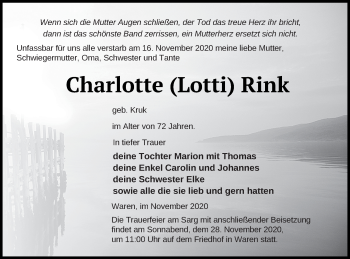 Traueranzeige von Charlotte Rink von Müritz-Zeitung