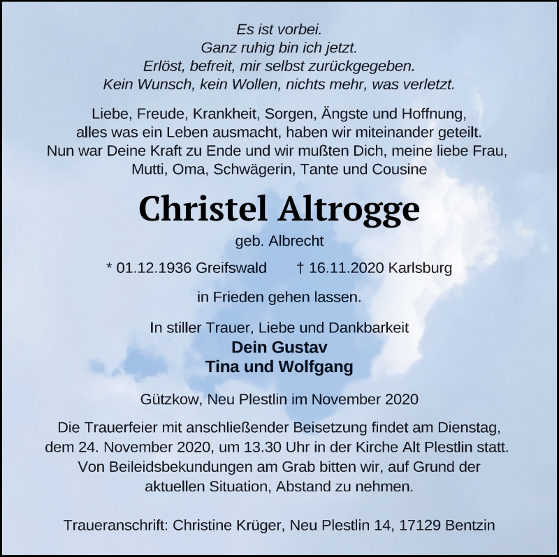  Traueranzeige für Christel Altrogge vom 20.11.2020 aus Vorpommern Kurier