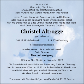 Traueranzeige von Christel Altrogge von Vorpommern Kurier