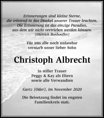 Traueranzeige von Christoph Albrecht von Templiner Zeitung